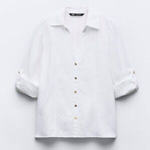 Zara Linen Viscose White Button-Up Women's Top Medium
